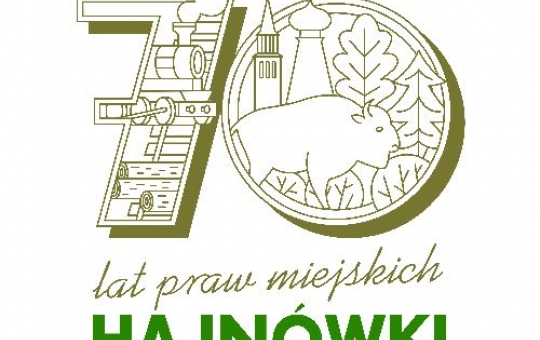 Logotyp składający się z liczby 70 oraz napisu 70 lat praw  miejskich Hajnówki.