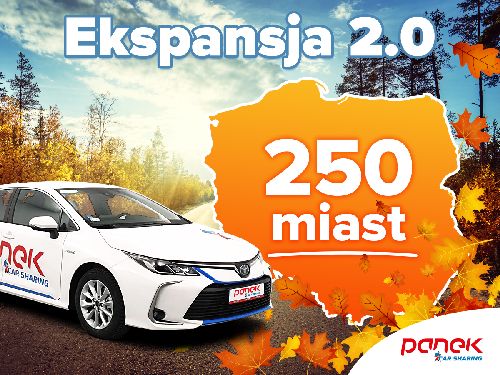 Plakat reklamującym usługę znajduje się biały samochód oraz zarysy mapy Polski z napisem 250 miast