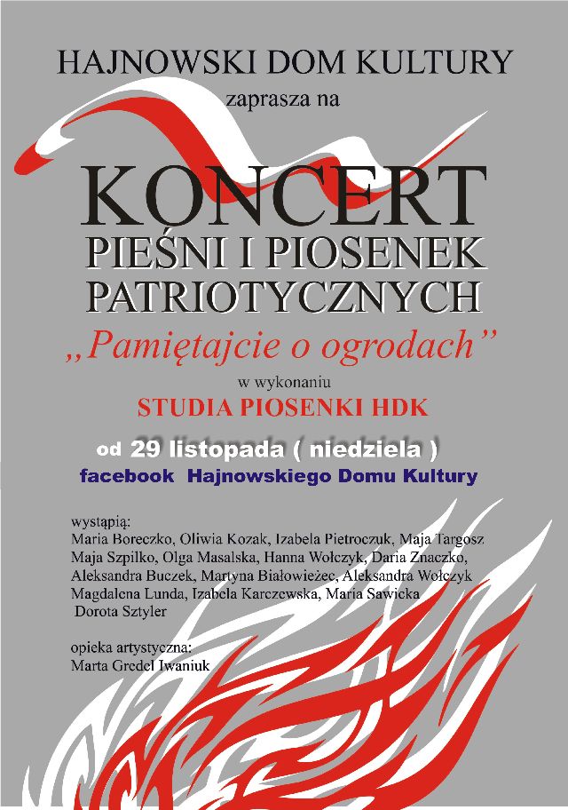 Plakat promujący wydarzenie na profilu facebook Hajnowskiego Domu Kultury - Koncert pieśni i Piosenek Patriotycznych