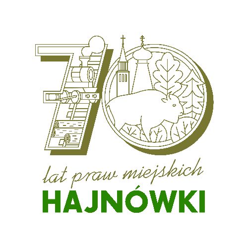 Logotyp składający się z liczby 70 oraz napisu 70 lat praw  miejskich Hajnówki.