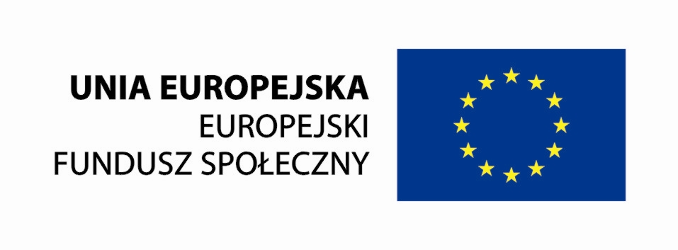 Flaga Unii Europejskiej: Poziomy ciemnoniebieski kwadrat, pośrodku dwanaście żółtych gwiazdek ułożonych w kształcie koła. Po lewej napis: Unia Europejska Europejski Fundusz Społeczny.