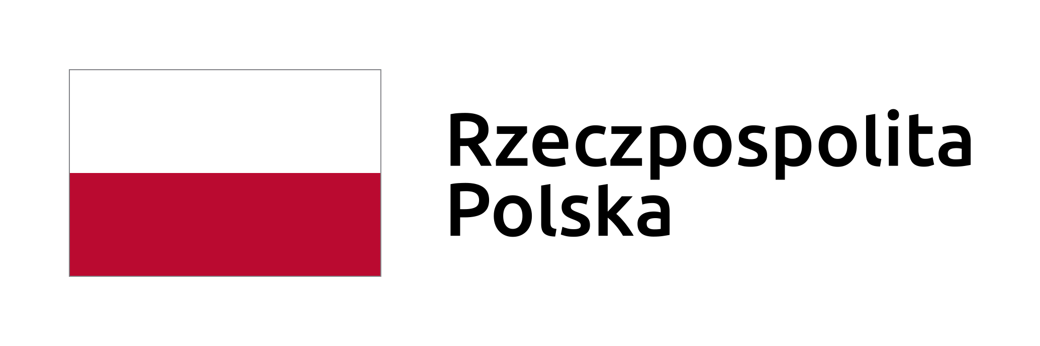 Logo w kształcie prostokąta na białym tle. Po lewej stronie kształt biało – czerwonej flagi. Po prawej stronie czarny dwurzędowy napis: Rzeczpospolita Polska.
