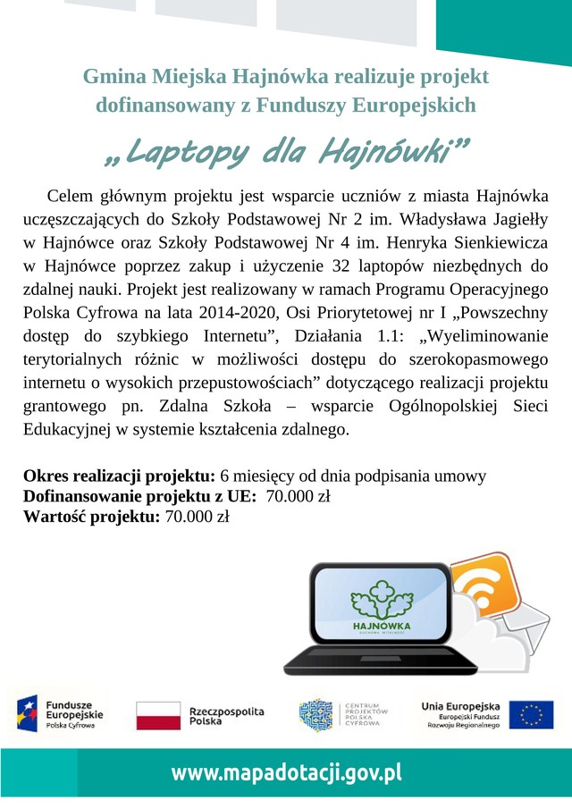 Plakat z logotypami Fundusze Europejskie, Rzeczpospolita Polska, Centrum Projektór Polska cyfrowa i Unia Europejska, promujący projekt.